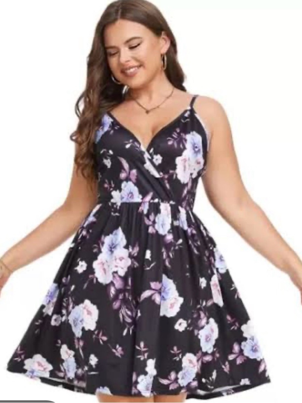 Floral Wrap-Front Plus-Size Dress in Black with Lavender Blooms